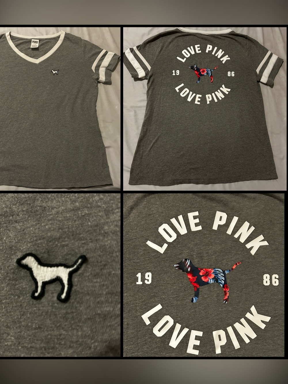PINK Victoria's Secret Gray V-Neck 'Love Pink' Dog Tee with Floral Dog Graphic L